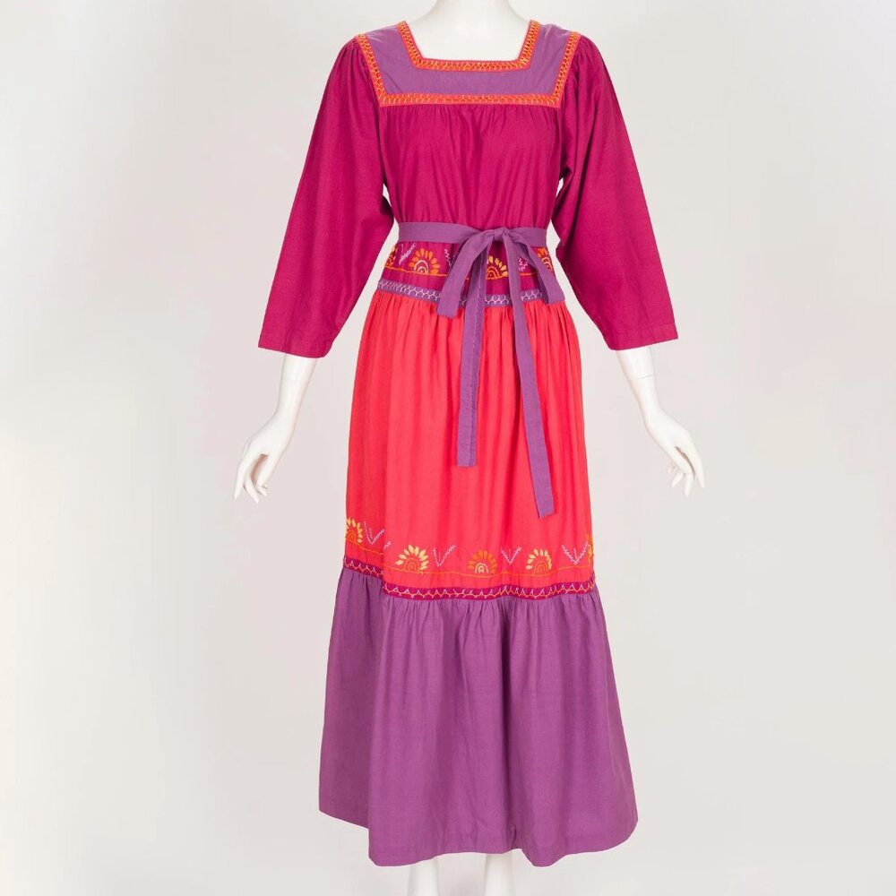 1970s Vintage Hand-Embroidered Cotton Tiered Maxi Dress by Simpsons Sz M